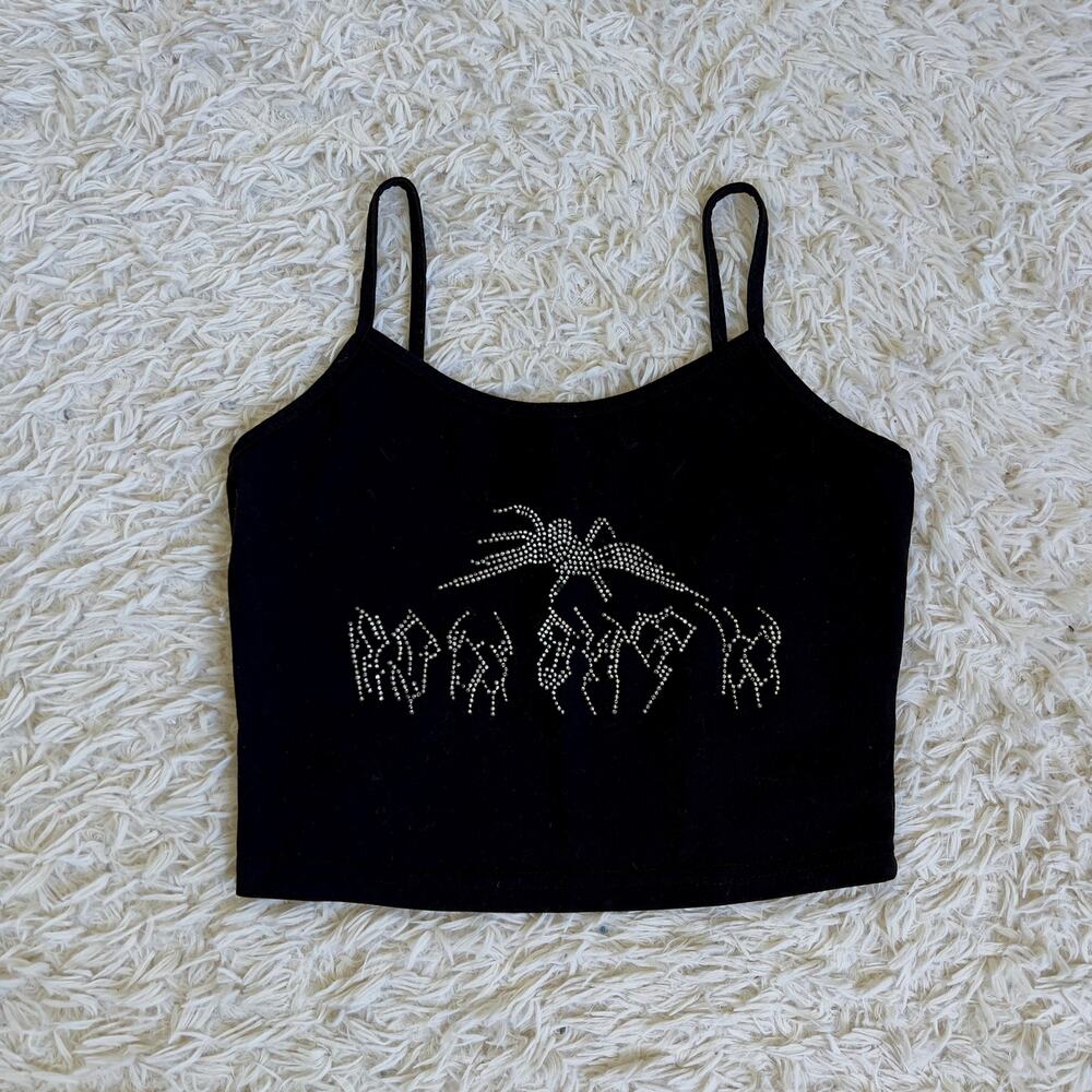Black Rhinestone Spider Cami Tank Top Size Small XS Camisole Goth Emo